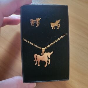 🌹Buy 1 Get 1 Free🌹 Stainless Steel Gold Unicorn Necklace and Earring Set